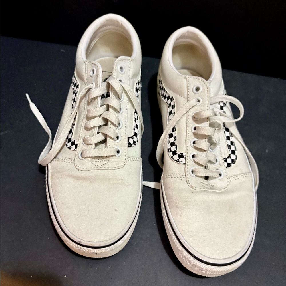 Vans Men's Cream and Black Checkered Sneakers